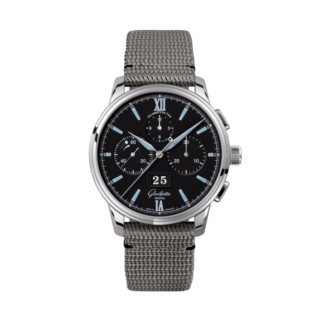 Glashuette Original Senator Chronograph Panorama Date 42 mm Black Dial Stainless Steel Synthetic, Grey Strap 1-37-01-03-02-36