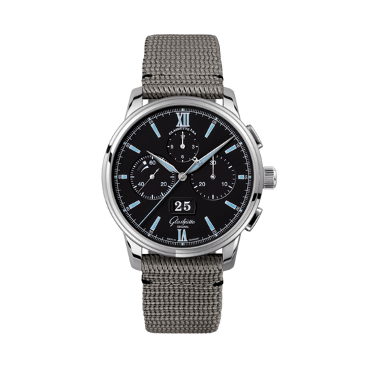 Glashuette Original Senator Chronograph Panorama Date 42 mm Black Dial Stainless Steel Synthetic, Grey Strap 1-37-01-03-02-36