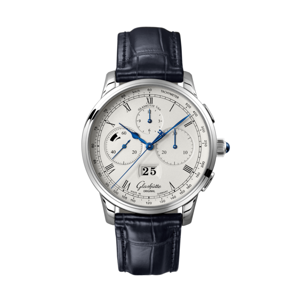 Glashuette Original Senator Chronograph Panorama Date 42 mm Silver Dial Platinum Louisiana   Leather Strap, Blue 1-37-01-02-03-30