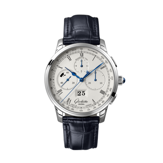 Glashuette Original Senator Chronograph Panorama Date 42 mm Silver Dial Platinum Louisiana   Leather Strap, Blue 1-37-01-02-03-30