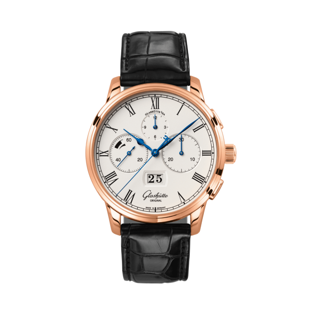 Glashuette Original Senator Chronograph Panorama Date 42 mm Silver Dial Red Gold Louisiana   Leather Strap, Black 1-37-01-01-05-30