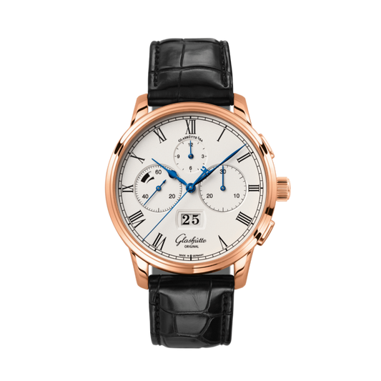 Glashuette Original Senator Chronograph Panorama Date 42 mm Silver Dial Red Gold Louisiana   Leather Strap, Black 1-37-01-01-05-30