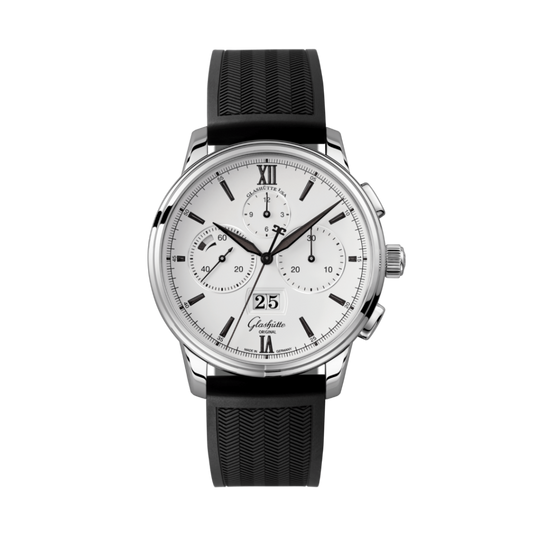 Glashuette Original Senator Chronograph Panorama Date 42 mm White Dial Stainless Steel Rubber Strap, Black 1-37-01-05-02-33