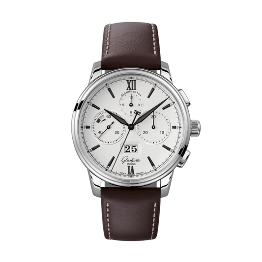 Glashuette Original Senator Chronograph Panorama Date 42 mm White Dial Stainless Steel   Strap, Brown 1-37-01-05-02-35