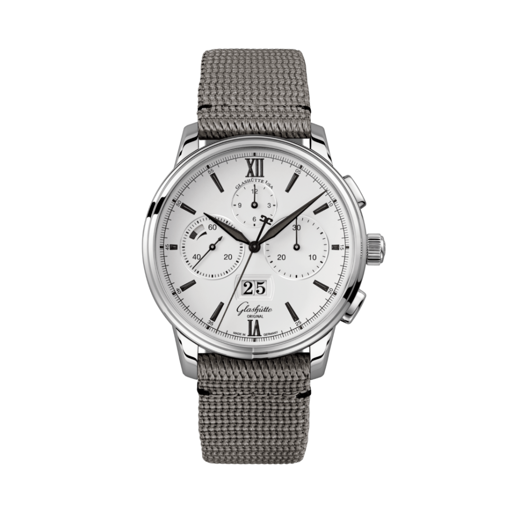 Glashuette Original Senator Chronograph Panorama Date 42 mm White Dial Stainless Steel Synthetic Strap, Grey 1-37-01-05-02-36