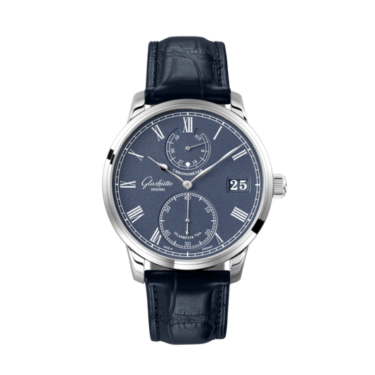Glashuette Original Senator Chronometer 42 mm Blue Dial White Gold Louisiana   Leather Strap, Blue 1-58-01-05-34-30
