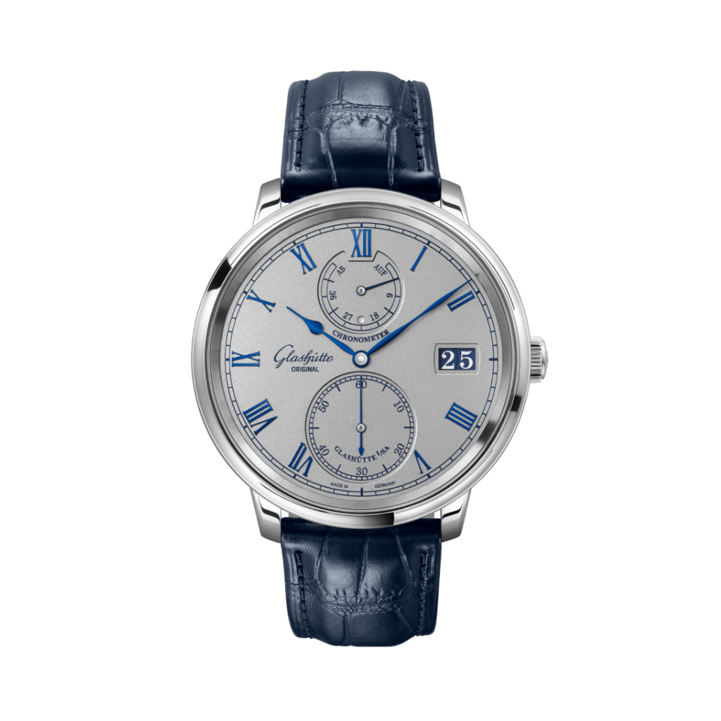Glashuette Original Senator Chronometer 42 mm Silver Dial White Gold Louisiana   Leather Strap, Blue 1-58-08-01-04-61