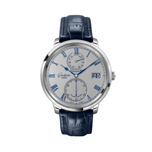 Glashuette Original Senator Chronometer 42 mm Silver Dial White Gold Louisiana   Leather Strap, Blue 1-58-08-01-04-61