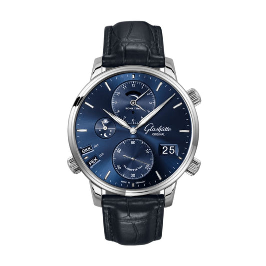 Glashuette Original Senator Cosmopolite 44 mm Blue Dial Stainless Steel Louisiana   Leather Strap, Blue 1-89-02-05-02-61