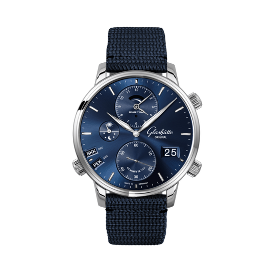Glashuette Original Senator Cosmopolite 44 mm Blue Dial Stainless Steel Synthetic, Blue Strap 1-89-02-05-02-64