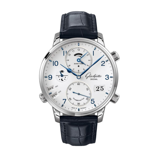 Glashuette Original Senator Cosmopolite 44 mm White Dial Stainless Steel Louisiana   Leather Strap, Blue 1-89-02-03-02-61