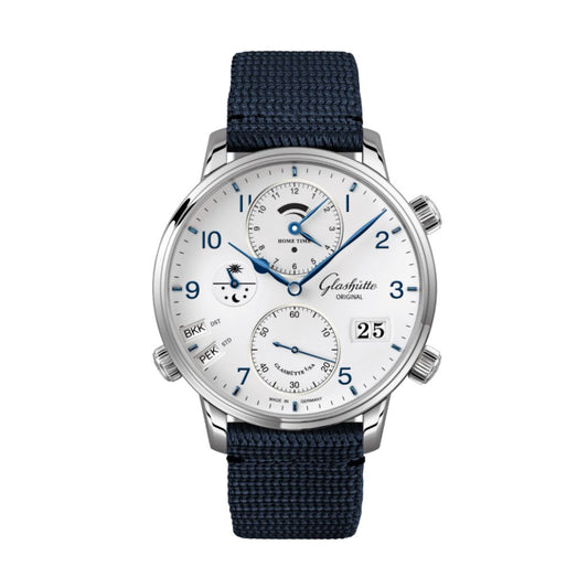 Glashuette Original Senator Cosmopolite 44 mm White Dial Stainless Steel Synthetic, Blue Strap 1-89-02-03-02-64