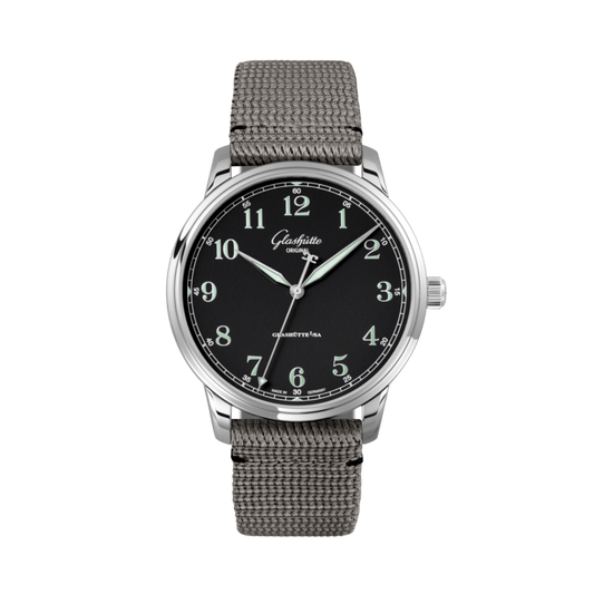 Glashuette Original Senator Excellence 40 mm Black Dial Stainless Steel Synthetic Strap, Grey 1-36-01-03-02-66