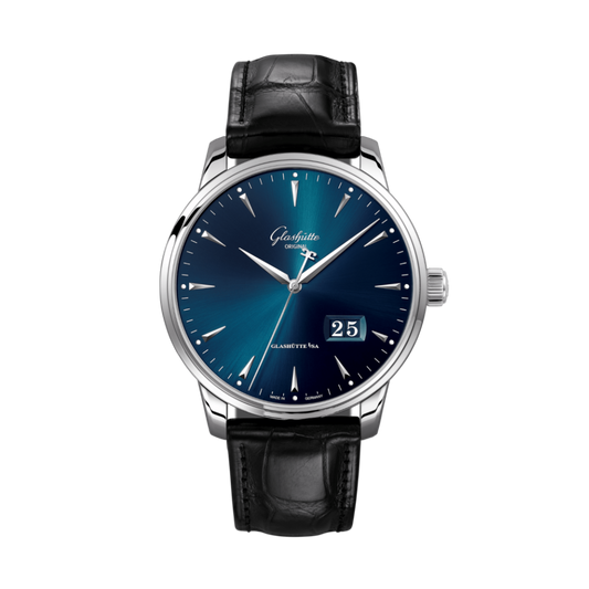 Glashuette Original Senator Excellence Panorama Date 42 mm Blue Dial Stainless Steel Louisiana   Leather Strap 1-36-03-04-02-30
