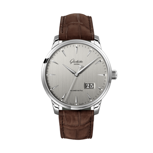 Glashuette Original Senator Excellence Panorama Date 42 mm Silver Dial Stainless Steel Louisiana   Leather Strap 1-36-03-03-02-31