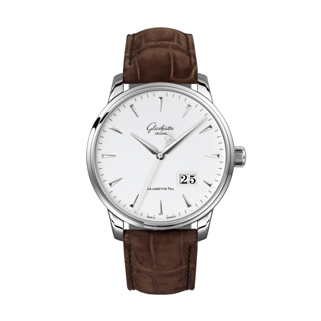 Glashuette Original Senator Excellence Panorama Date 42 mm White Dial Stainless Steel Louisiana   Nubuk Leather Strap, Brown 1-36-03-05-02-31