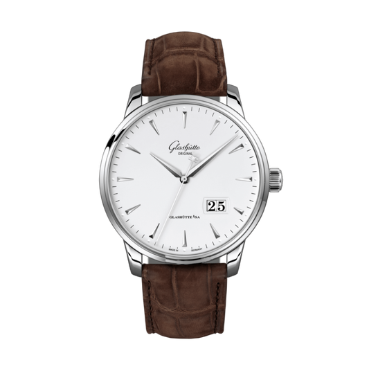 Glashuette Original Senator Excellence Panorama Date 42 mm White Dial Stainless Steel Louisiana   Nubuk Leather Strap, Brown 1-36-03-05-02-31