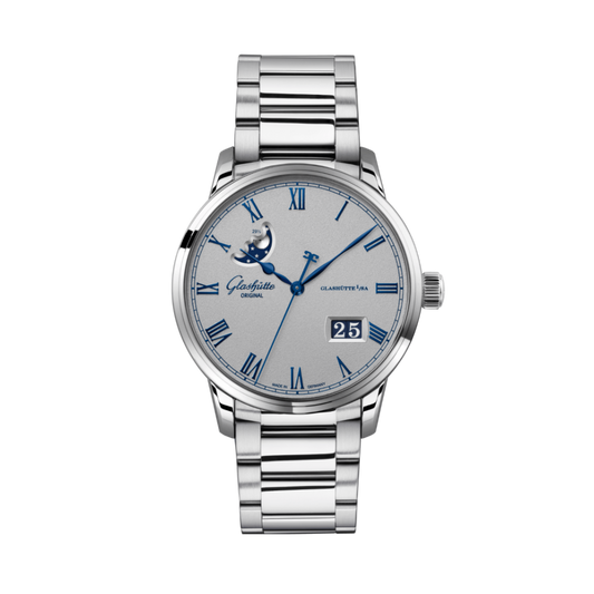 Glashuette Original Senator Excellence Panorama Date Moon Phase 40 mm Grey Dial Stainless Steel Metal Bracelet 1-36-24-02-02-71