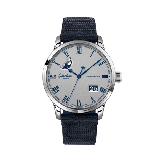 Glashuette Original Senator Excellence Panorama Date Moon Phase 40 mm Grey Dial Stainless Steel Synthetic Strap, Blue 1-36-24-02-02-64