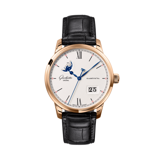 Glashuette Original Senator Excellence Panorama Date Moon Phase 40 mm Silver Dial Red Gold Louisiana   Nubuk Leather Strap, Black 1-36-04-02-05-61