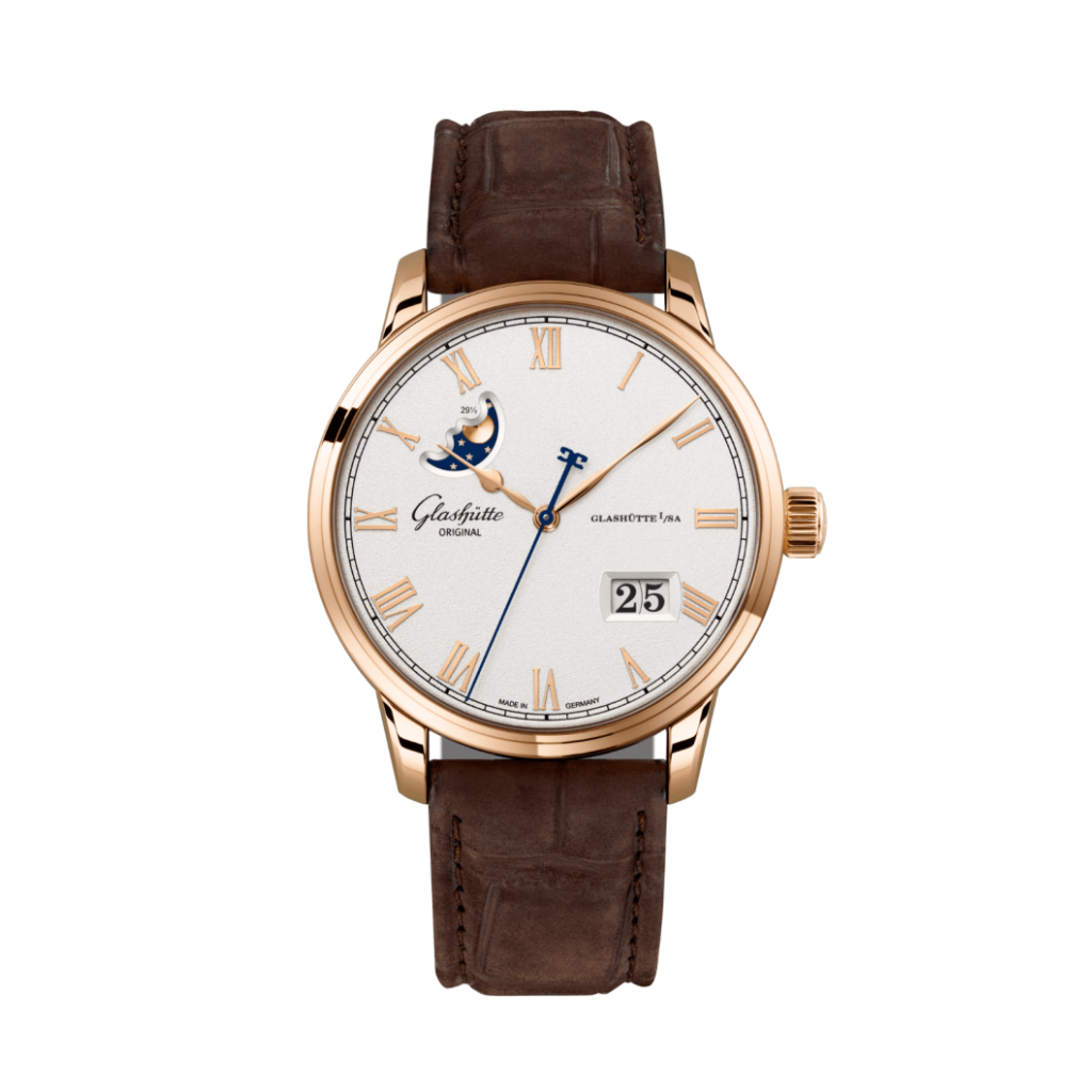 Glashuette Original Senator Excellence Panorama Date Moon Phase 40 mm Silver Dial Red Gold Louisiana   Nubuk Leather Strap, Brown 1-36-24-02-05-62