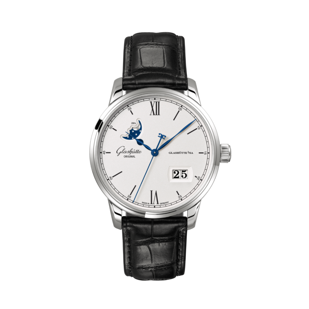Glashuette Original Senator Excellence Panorama Date Moon Phase 40 mm Silver Dial Stainless Steel Louisiana   Leather Strap, Black 1-36-04-01-02-61