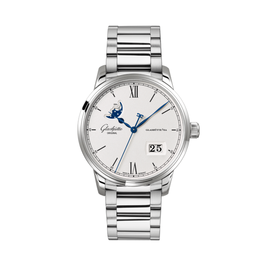 Glashuette Original Senator Excellence Panorama Date Moon Phase 40 mm Silver Dial Stainless Steel Metal Bracelet 1-36-04-01-02-71
