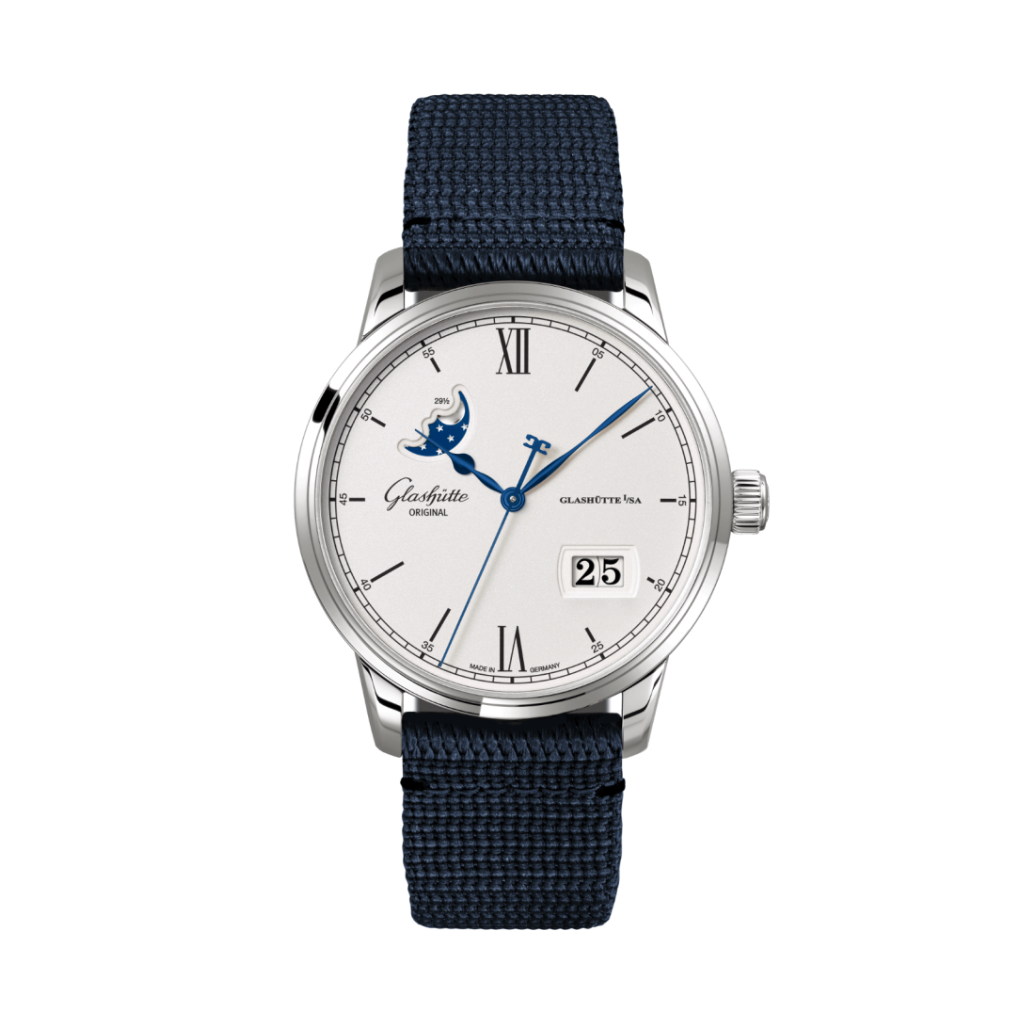 Glashuette Original Senator Excellence Panorama Date Moon Phase 40 mm Silver Dial Stainless Steel Synthetic Strap, Blue 1-36-04-01-02-64