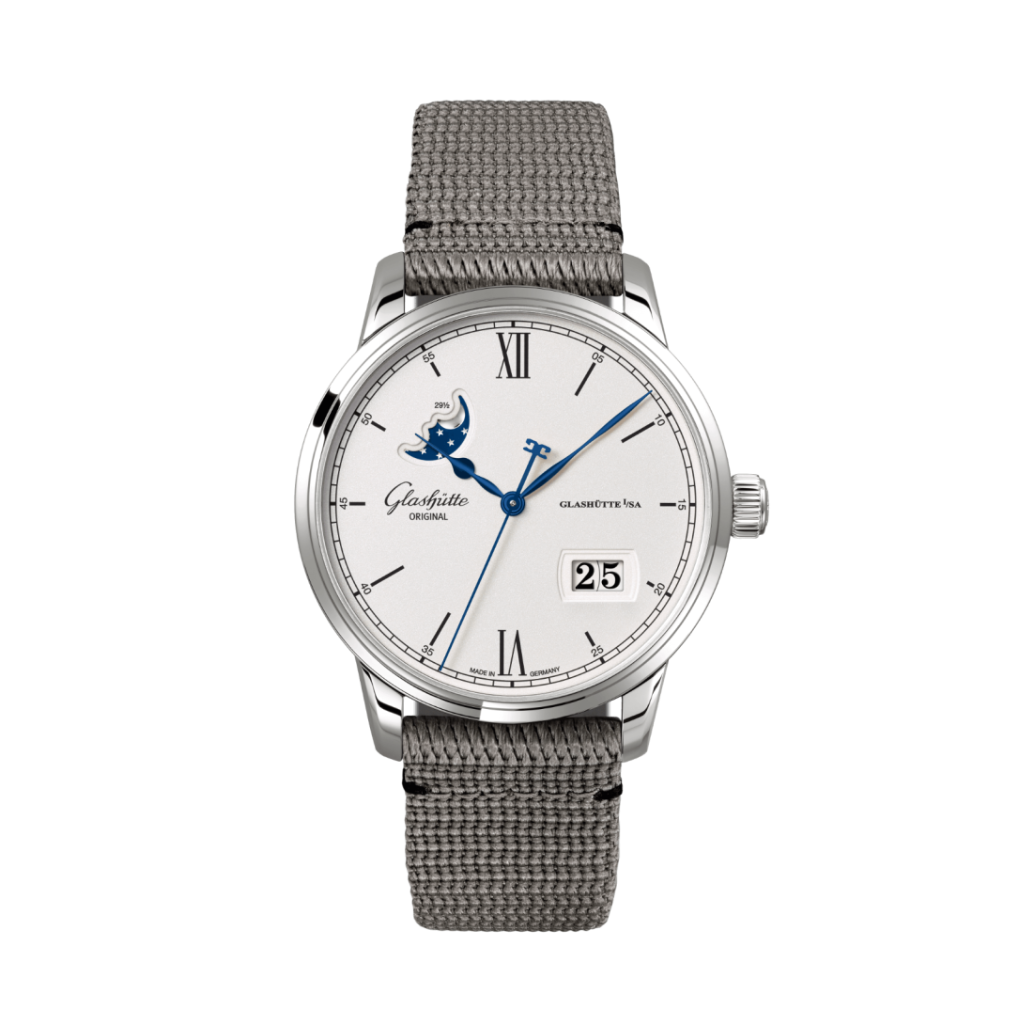 Glashuette Original Senator Excellence Panorama Date Moon Phase 40 mm Silver Dial Stainless Steel Synthetic Strap, Grey 1-36-04-01-02-66