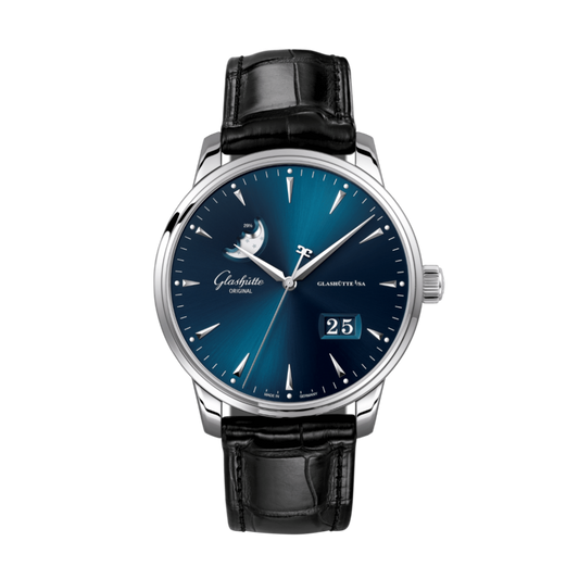 Glashuette Original Senator Excellence Panorama Date Moon Phase 42 mm Blue Dial Stainless Steel Louisiana   Leather Strap, Black 1-36-04-04-02-30
