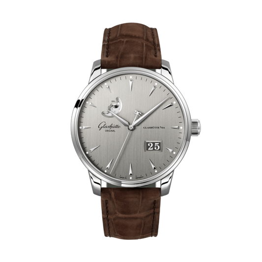 Glashuette Original Senator Excellence Panorama Date Moon Phase 42 mm Silver Dial Stainless Steel Louisiana   Nubuk Leather Strap, Brown 1-36-04-03-02-31