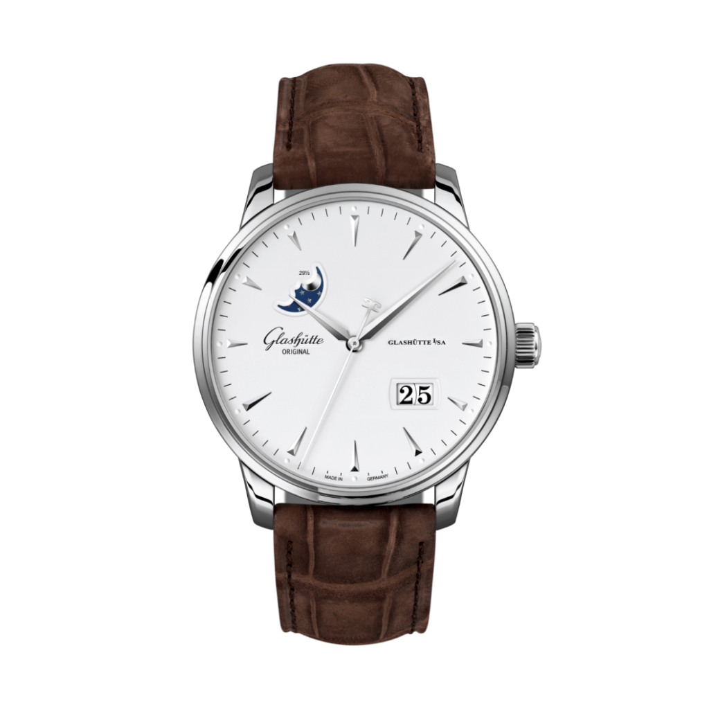 Glashuette Original Senator Excellence Panorama Date Moon Phase 42 mm White Dial Stainless Steel Louisiana   Nubuk Leather Strap, Brown 1-36-04-05-02-31