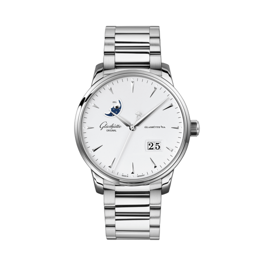 Glashuette Original Senator Excellence Panorama Date Moon Phase 42 mm White Dial Stainless Steel Metal Bracelet 1-36-04-05-02-71