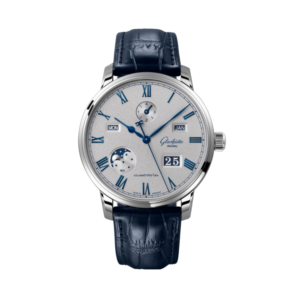 Glashuette Original Senator Excellence Perpetual Calendar 42 mm Grey Dial Stainless Steel Louisiana   Leather Strap, Blue 1-36-12-03-02-61