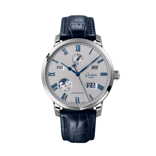Glashuette Original Senator Excellence Perpetual Calendar 42 mm Grey Dial Stainless Steel Louisiana   Leather Strap, Blue 1-36-12-03-02-61