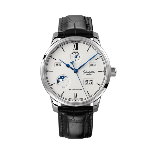 Glashuette Original Senator Excellence Perpetual Calendar 42 mm Silver Dial Stainless Steel Louisiana   Leather Strap, Black 1-36-02-01-02-61