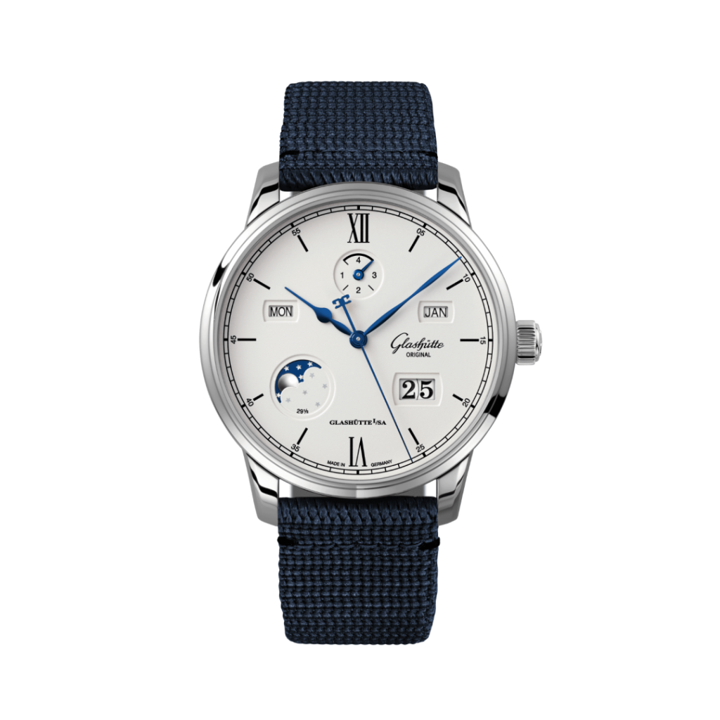 Glashuette Original Senator Excellence Perpetual Calendar 42 mm Silver Dial Stainless Steel Synthetic, Blue Strap 1-36-02-01-02-64