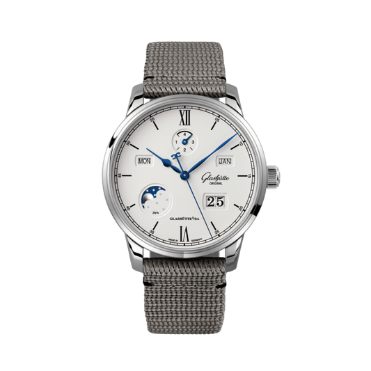 Glashuette Original Senator Excellence Perpetual Calendar 42 mm Silver Dial Stainless Steel Synthetic, Grey Strap 1-36-02-01-02-66