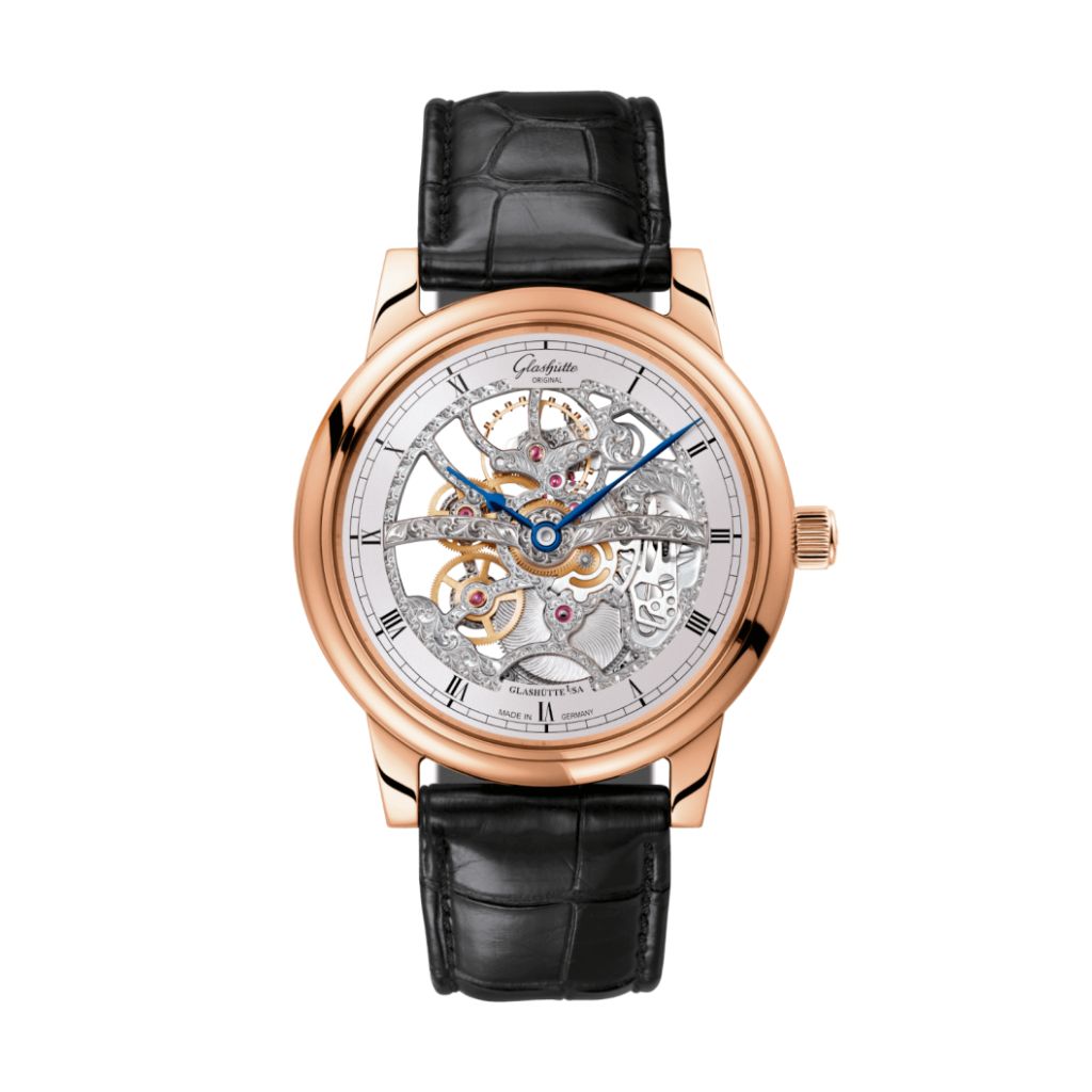 Glashuette Original Senator Manual Winding Skeletonised Edition 42 mm Silver Galvanized Dial Red Gold Louisiana   Leather Strap, Black 1-49-18-01-05-30