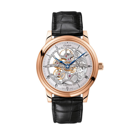 Glashuette Original Senator Manual Winding Skeletonised Edition 42 mm Silver Galvanized Dial Red Gold Louisiana   Leather Strap, Black 1-49-18-01-05-30
