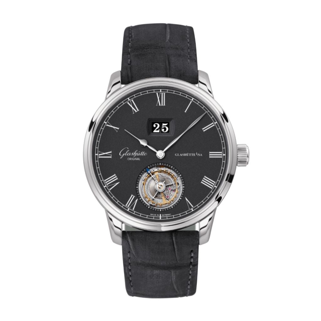 Glashuette Original Senator Tourbillon 42 mm Black Dial White Gold Louisiana   Nubuk Leather Strap, Grey 1-94-03-04-04-04