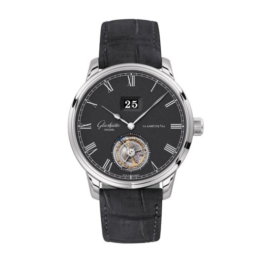 Glashuette Original Senator Tourbillon 42 mm Black Dial White Gold Louisiana   Nubuk Leather Strap, Grey 1-94-03-04-04-04