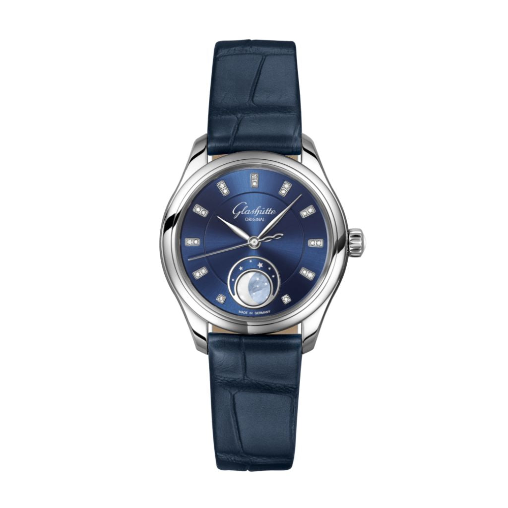 Glashuette Original Serenade Luna 32.50 mm Radiant Blue Dial with Diamonds Stainless Steel Louisiana   Leather Strap, Blue 1-35-14-03-02-04