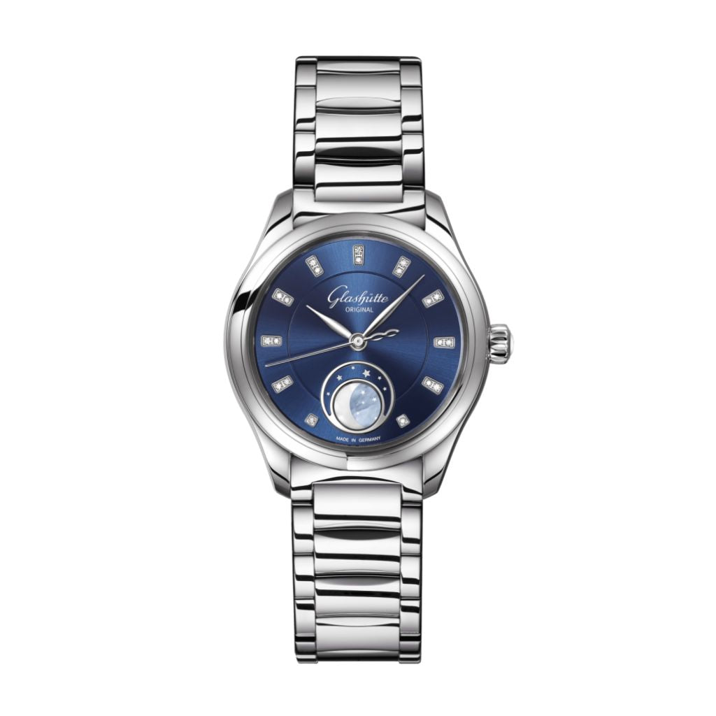 Glashuette Original Serenade Luna 32.50 mm Radiant Blue Dial with Diamonds Stainless Steel Metal Bracelet 1-35-14-03-02-14