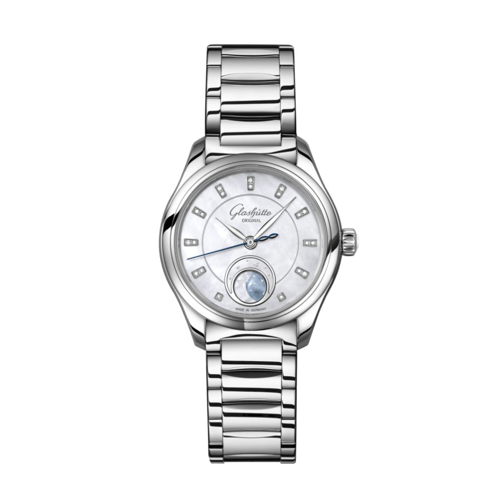 Glashuette Original Serenade Luna 32.50 mm Shimmering White Dial with Diamonds Stainless Steel Metal Bracelet 1-35-14-02-02-14