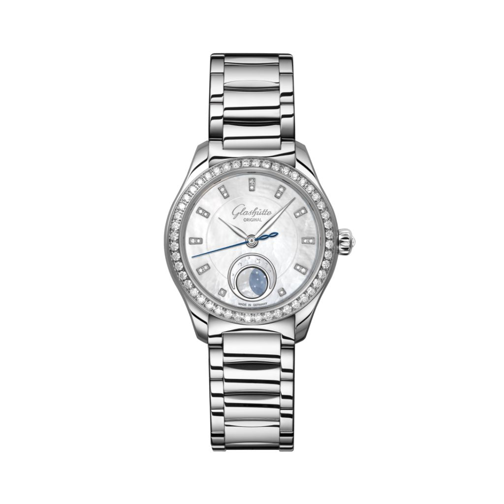 Glashuette Original Serenade Luna 32.50 mm Shimmering White Dial with Diamonds Stainless Steel Metal Bracelet 1-35-14-02-12-14