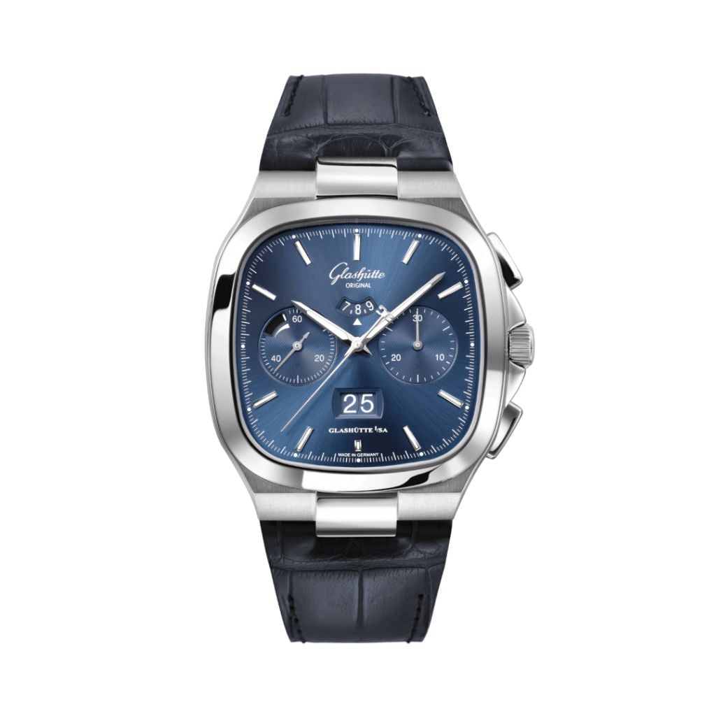 Glashuette Original Seventies Chronograph Panorama Date 40 mm Blue Dial Stainless Steel Louisiana   Leather Strap, Blue 1-37-02-08-02-61
