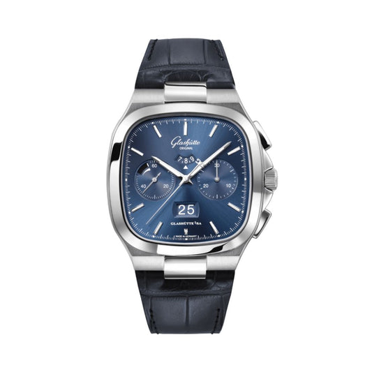 Glashuette Original Seventies Chronograph Panorama Date 40 mm Blue Dial Stainless Steel Louisiana   Leather Strap, Blue 1-37-02-08-02-61