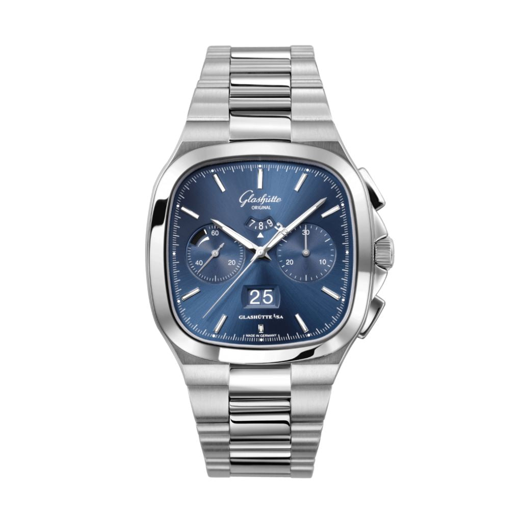 Glashuette Original Seventies Chronograph Panorama Date 40 mm Blue Dial Stainless Steel Metal Bracelet 1-37-02-08-02-70