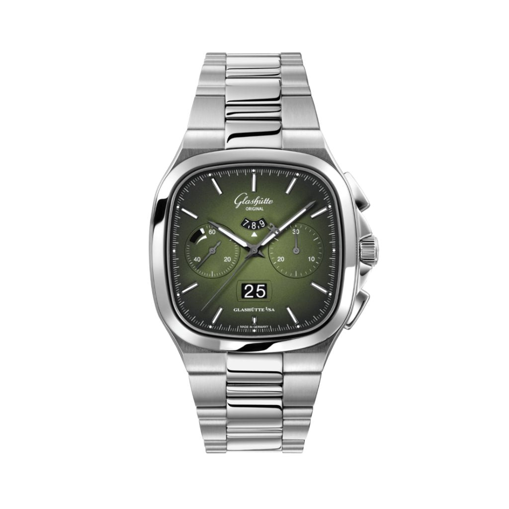 Glashuette Original Seventies Chronograph Panorama Date 40 mm Fab Green Dial Stainless Steel Metal Bracelet 1-37-02-09-02-70
